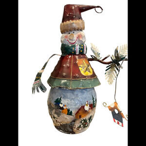 Winter Christmas SNOWMAN FIGURINE Holding Birdhouse Holiday 10” Resin/Metal